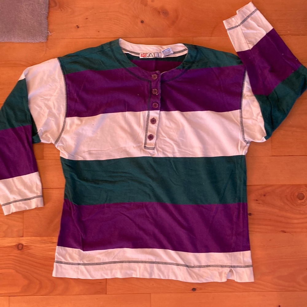 On Call Button Up Jersey 100% Cotton Green Purple White  Horizontal Stripes Sz M